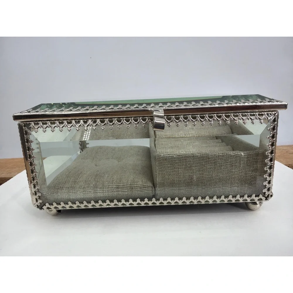 Nicole Miller Home Glass Jewelry Box Silver Filigree Beveled Ring‎ Organizer